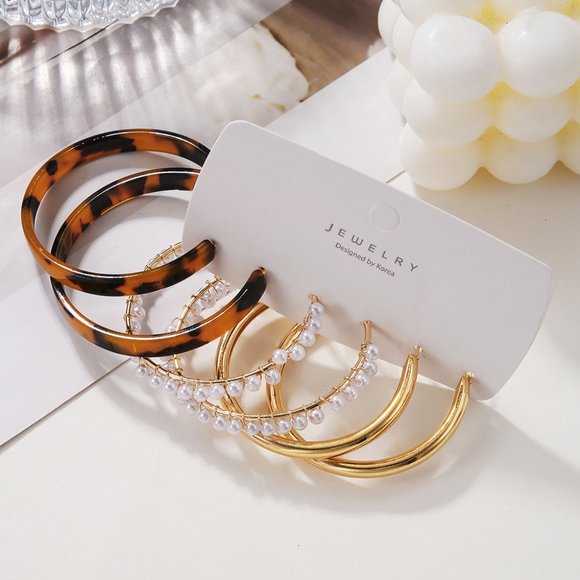 3/$35 3 Pairs Pack Large Big Hoop Earrings Set Gold Pearls Chunky Jewelrly - Picture 1 of 7